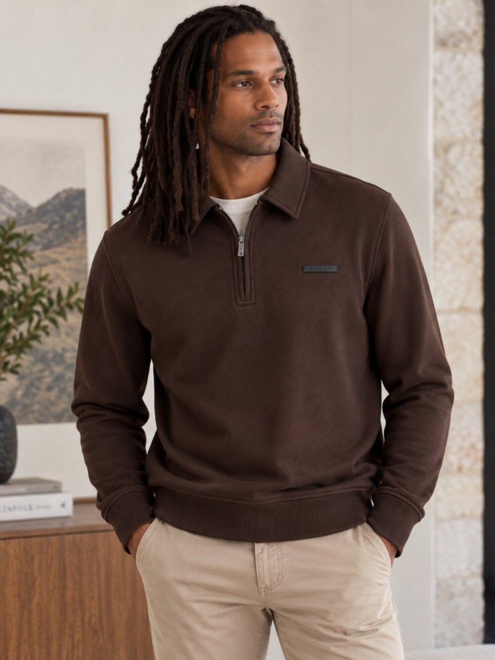 Michael Kors Men’s Quarter Zip Pullover Sweatshirt Brown Size M